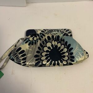 NEXT BRAND SATIN CLUTCH WITH MAGNETIC CLOSURE NAVY BLUE GREY WHITE LIGHT BLUE